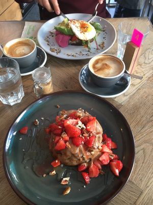 Vegan buckwheat pancakes and cappuccino with oat milk at Tang by Yogism - Dawson St in Dublin