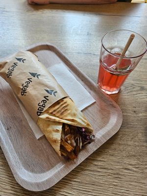 Cheese and nacho vegab with rhubarb lemonade at Vegab in Krakow