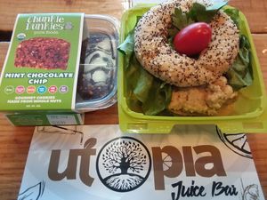 Vegan tuna salad sandwich made from chickpeas. And mint chocolate raw vegan cookies at Utopia Juice Bar in Pompano Beach