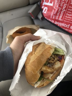 Lemongrass tofu and vegan donut (and she threw in a free spring roll) $8.50!!!  at Trang Bakery and Cafe in Collingwood