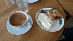 Raspberry crumble pie and vanilla custard - vegan at Gamla Bibliotekscafeet in Umea