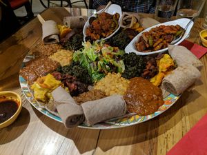 Four person platter, mixed vegetables and tempeh tibbs at Addissae in Asheville
