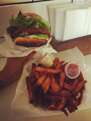 Falafel burger & sweet potato fries at Fala Bar in Venice