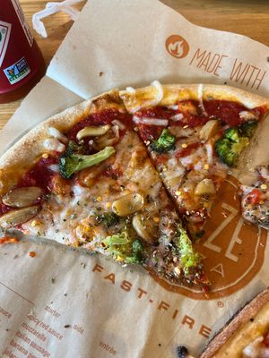 Roasted broccoli and garlic vegan pizza  at Blaze Pizza in Williamsburg