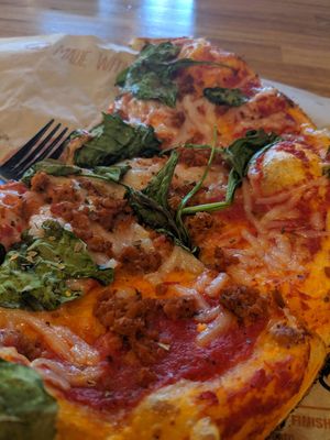 2 topping hi-top, vegan cheese, vegan chorizo, spinach. at Blaze Pizza in Williamsburg