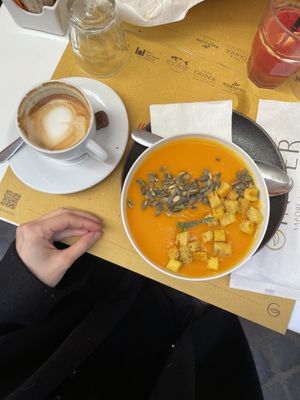 vegan pumpkin soup & soy cappucino #Veganuary at Ginger in Rome