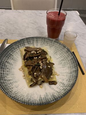 Mushroom cannelloni with berry smoothie and aloe shot  at Ginger in Rome