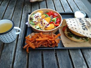 Swing burger, Sweet potato fries and Nugget salad at Swing Kitchen - Operngasse in Vienna