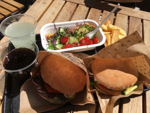 Vienna burger, swing burger, french fries and garden salad  at Swing Kitchen - Operngasse in Vienna