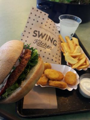 Vienna Burger, vegan nuggets, Vienna dipping sauce and fries... the lemonade was good.  at Swing Kitchen - Operngasse in Vienna