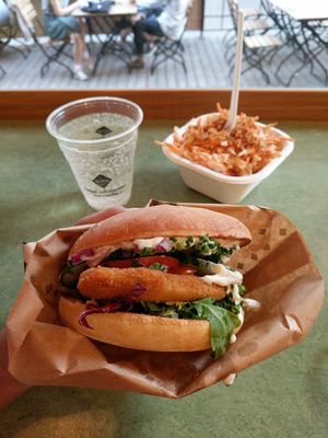 Vienna burger with slaw; elder flower soda at Swing Kitchen - Operngasse in Vienna