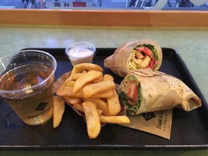 Seitan schnitzel wrap with garlic sauce aside  at Swing Kitchen - Operngasse in Vienna