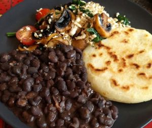 vegan big breakfast: scrambled tofu, black beans and areppo  at ExotiK in Newtown