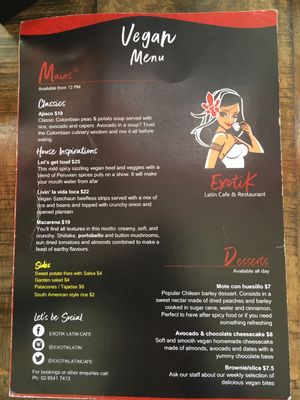 Separate vegan menu - page 2, mains and desserts at ExotiK in Newtown