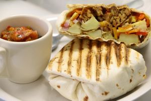 Apple Smoke Sausage panini with fresh salsa at 701 Coffee in Seattle