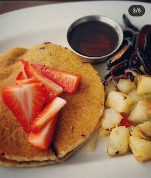 pancakes with home fries and mushroom "beacon" at Gnome Cafe in Charleston