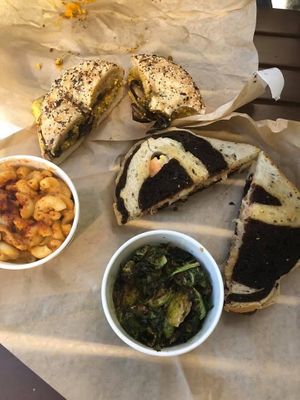 Reuben, Tofu Bagel, Mac and cheese and Brussel sprouts 🤤 at Gnome Cafe in Charleston