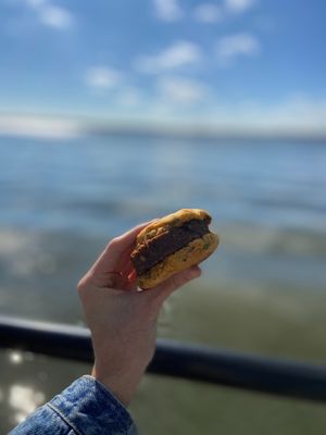 Hemp sausage on cheddar scallion biscuit with pepper jelly at Gnome Cafe in Charleston