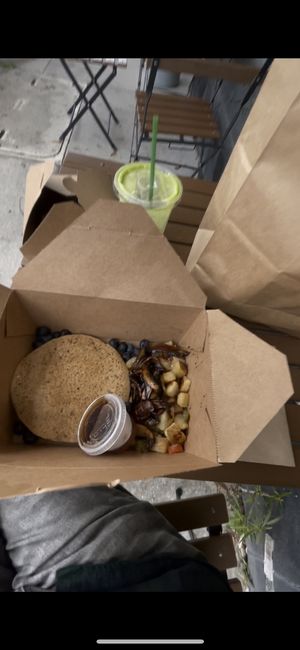 Pancake in to go box since it’s covid times  at Gnome Cafe in Charleston