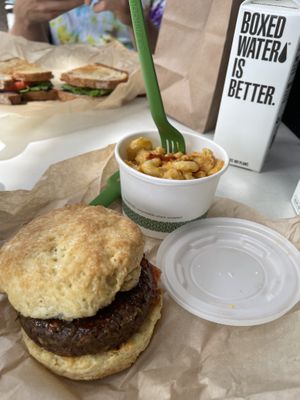 Hemp sausage and Mac & cheese  at Gnome Cafe in Charleston