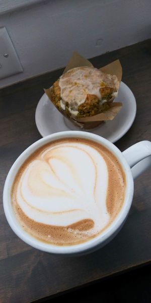 Latte and daily dessert special at Gnome Cafe in Charleston