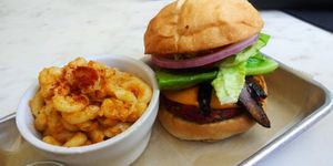 Veggie burger with portobello bacon | mac at Gnome Cafe in Charleston