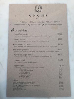 Menu at Gnome Cafe in Charleston