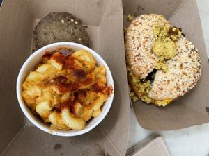 Mac n cheese and a bagel sandwich   at Gnome Cafe in Charleston