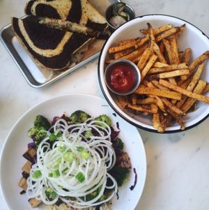 tempeh Reuben, French fries, bulgogi Korean bowl at Gnome Cafe in Charleston