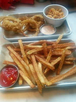 Sides - fries, onion rings, mac & cheese.  at Gnome Cafe in Charleston