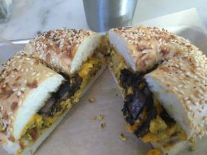 Portobello bacon bagel sandwich at Gnome Cafe in Charleston