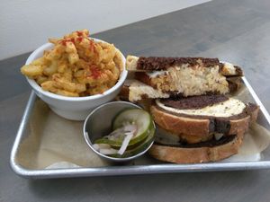 Tempeh reuben and mac at Gnome Cafe in Charleston