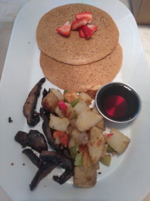 Pancakes, portobello bacon and home fries at Gnome Cafe in Charleston