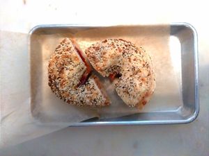 Everything bagel with jam at Gnome Cafe in Charleston