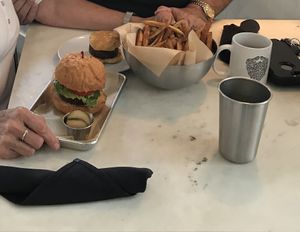Fried seitan, fries, & sausage biscuit. at Gnome Cafe in Charleston