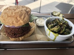 Fried Seitan and brussel sprouts  at Gnome Cafe in Charleston