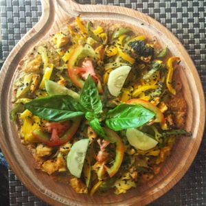 sweet potato and tofu pizza  at Jalus Vegan Kitchen in Hanoi