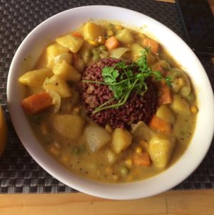 potatoes and chickpeas coconut  curry (yummy)  at Jalus Vegan Kitchen in Hanoi