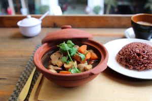braised tofu with mushrooms  at Jalus Vegan Kitchen in Hanoi