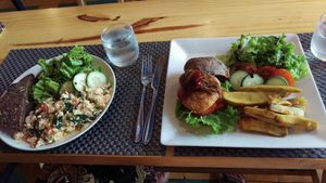 scrambled egg & BBQ burger at Jalus Vegan Kitchen in Hanoi