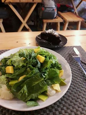 tropical salad & chocolate cake at Jalus Vegan Kitchen in Hanoi