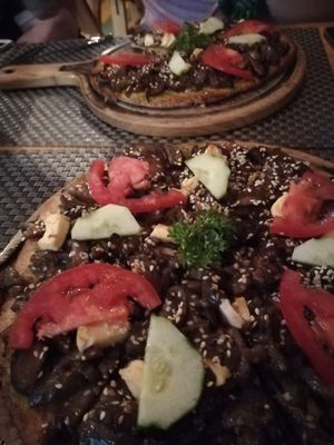 Vegan aubergine and tofu pizza at Jalus Vegan Kitchen in Hanoi