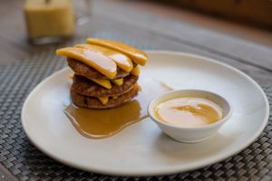 Pancake with mango and jam for breakfast at Jalus Vegan Kitchen in Hanoi