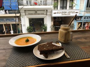 Pumpkin soup, comes with toast and a smoothie  at Jalus Vegan Kitchen in Hanoi