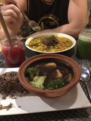 Potato curry, braised tofu and mushroom. Juices. at Jalus Vegan Kitchen in Hanoi