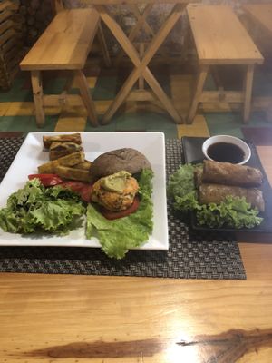 Mushroom tofu burger and spring rolls   at Jalus Vegan Kitchen in Hanoi