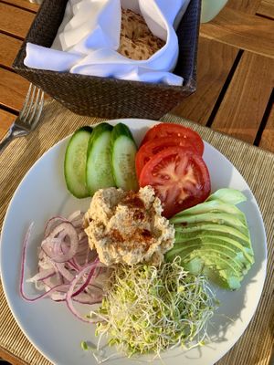 Build your own bagel sandwich with all the veggies and hummus  at Duo - Four Seasons Resort in Wailea