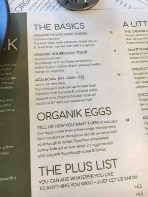 Menu 1 at The Organik Store in Glenelg