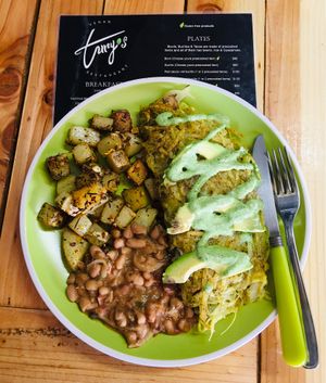 Hash brown omelette with rosemary potatoes and beans at Tury's in Tijuana