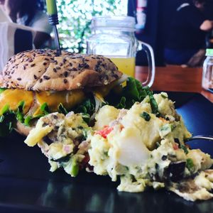 Cheese burger with potato salad at Tury's in Tijuana